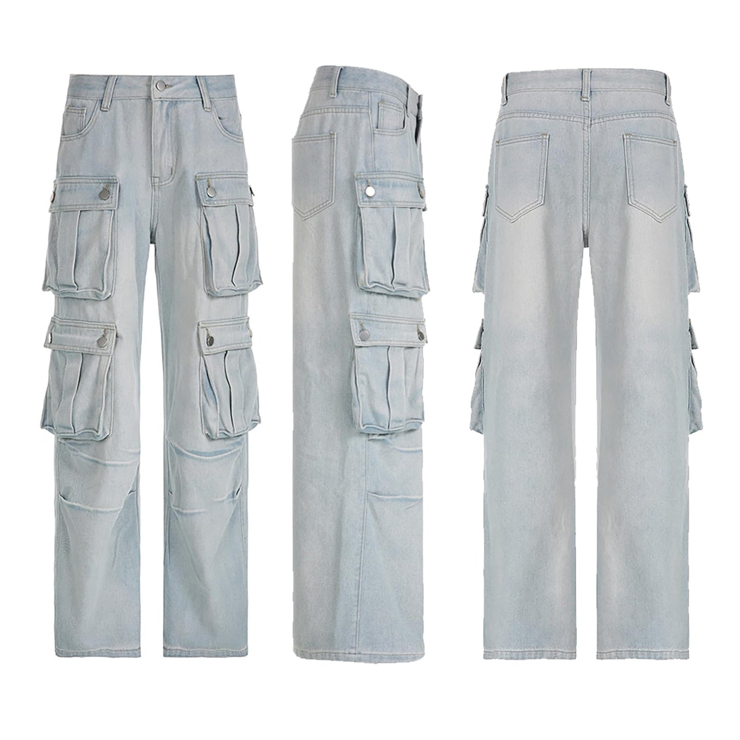 Lucuna Women's Cargo Pants Y2K High Waist Baggy Jeans Flap Pocket Loose Denim Pants Streetwear