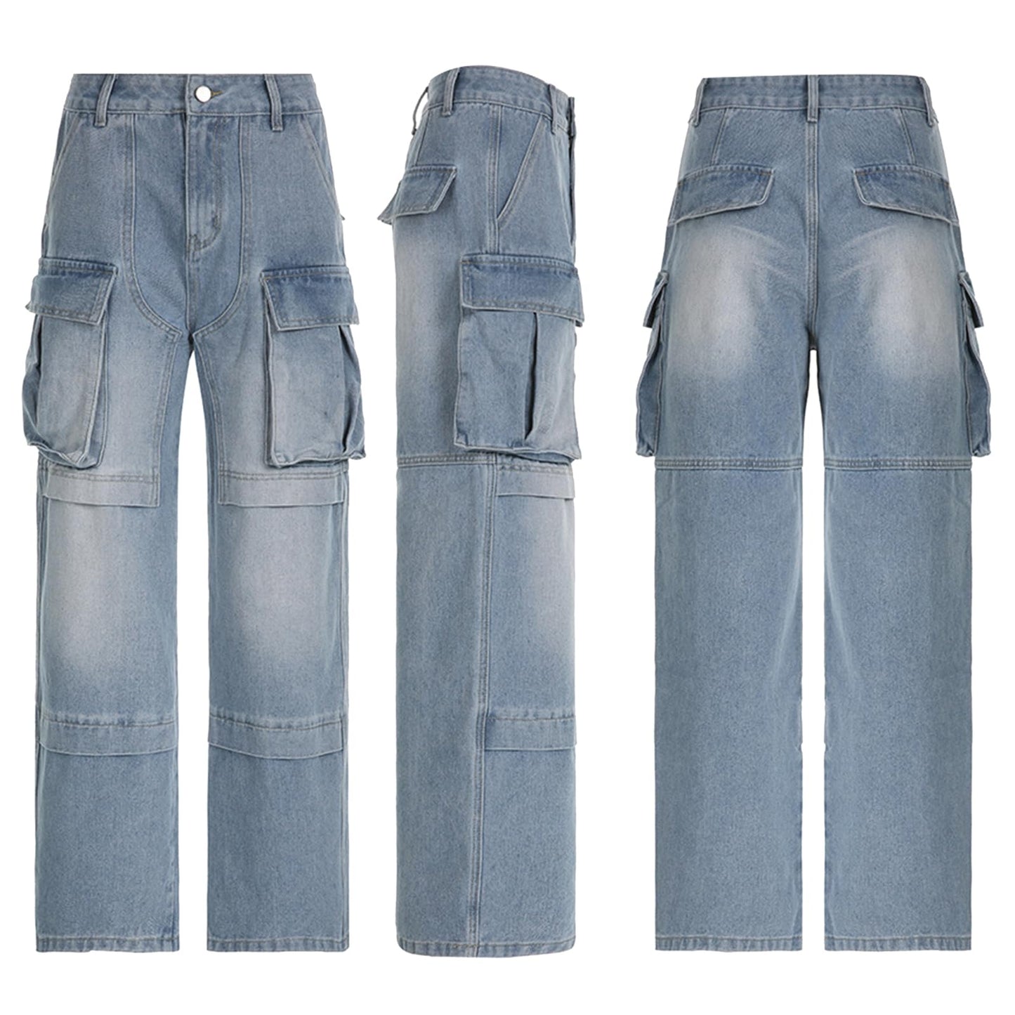 Lucuna Women's Cargo Pants Y2K High Waist Baggy Jeans Flap Pocket Loose Denim Pants Streetwear
