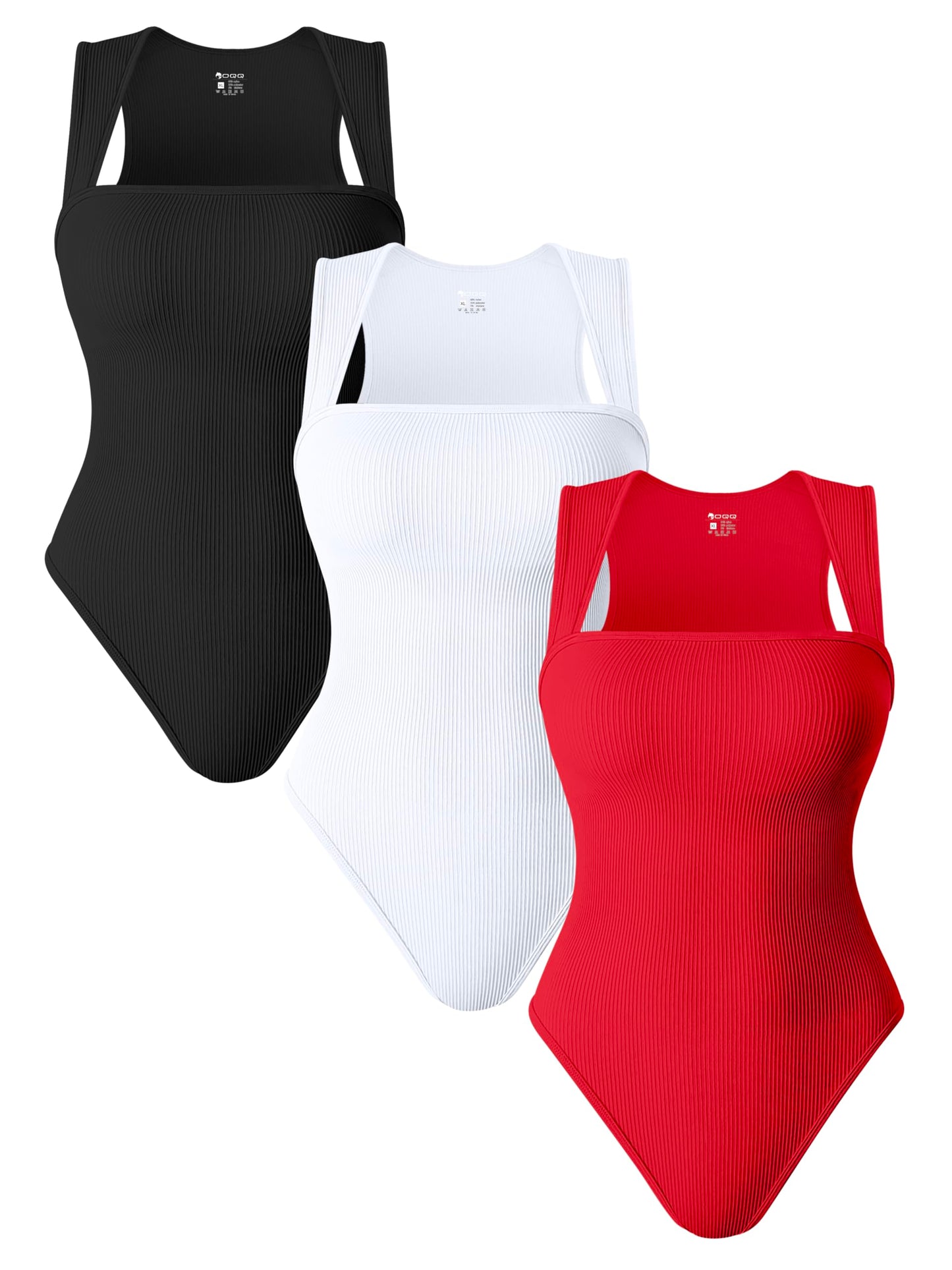 OQQ 3 Piece Bodysuits For Women Sexy Ribbed Strappy Square Neck Stretch Tank Tops Bodysuits Black Coffee White