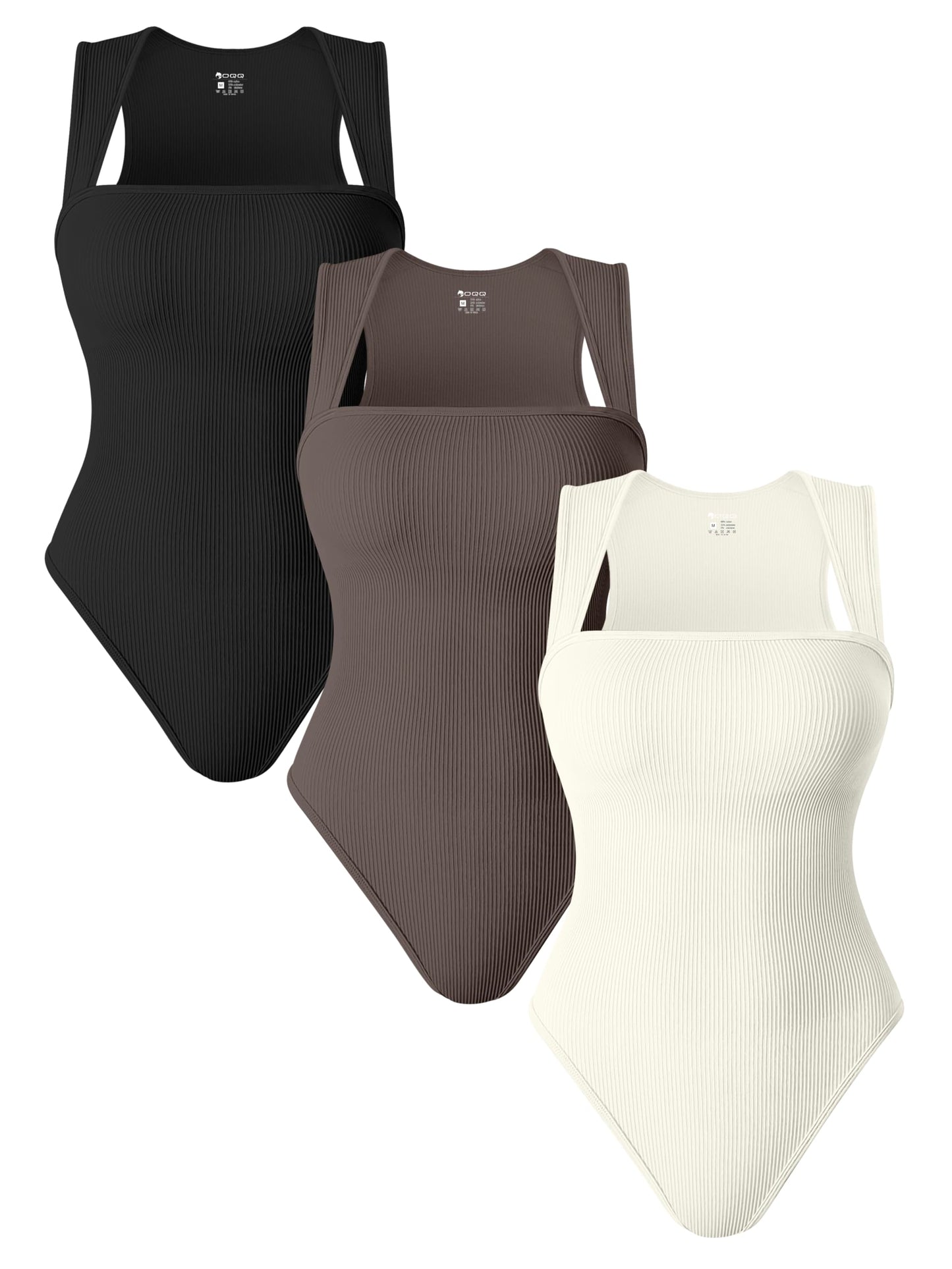 OQQ 3 Piece Bodysuits For Women Sexy Ribbed Strappy Square Neck Stretch Tank Tops Bodysuits Black Coffee White