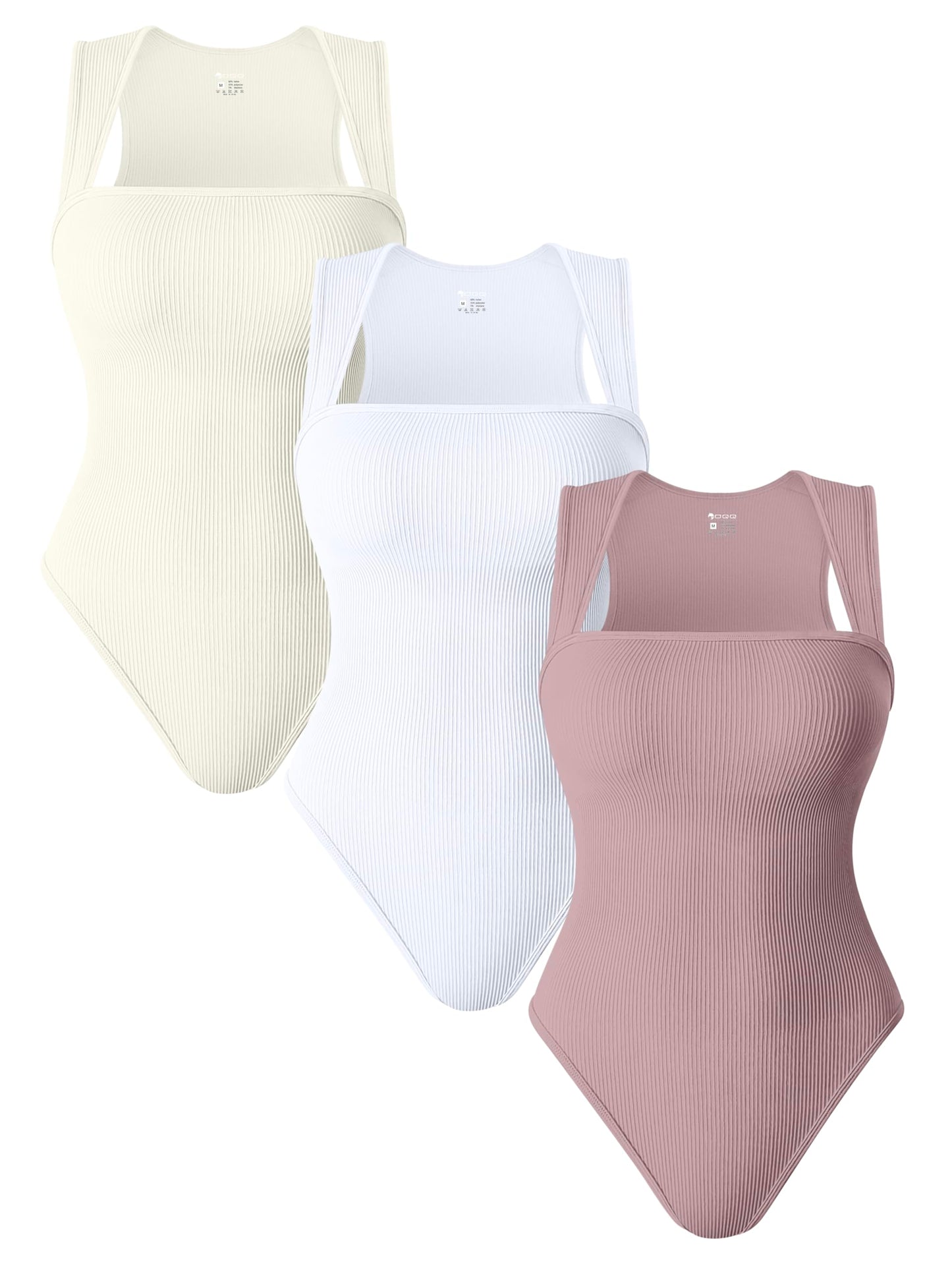 OQQ 3 Piece Bodysuits For Women Sexy Ribbed Strappy Square Neck Stretch Tank Tops Bodysuits Black Coffee White