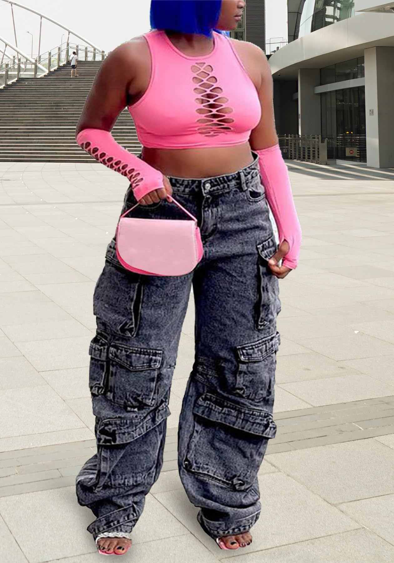 Lucuna Women's Cargo Pants Y2K High Waist Baggy Jeans Flap Pocket Loose Denim Pants Streetwear