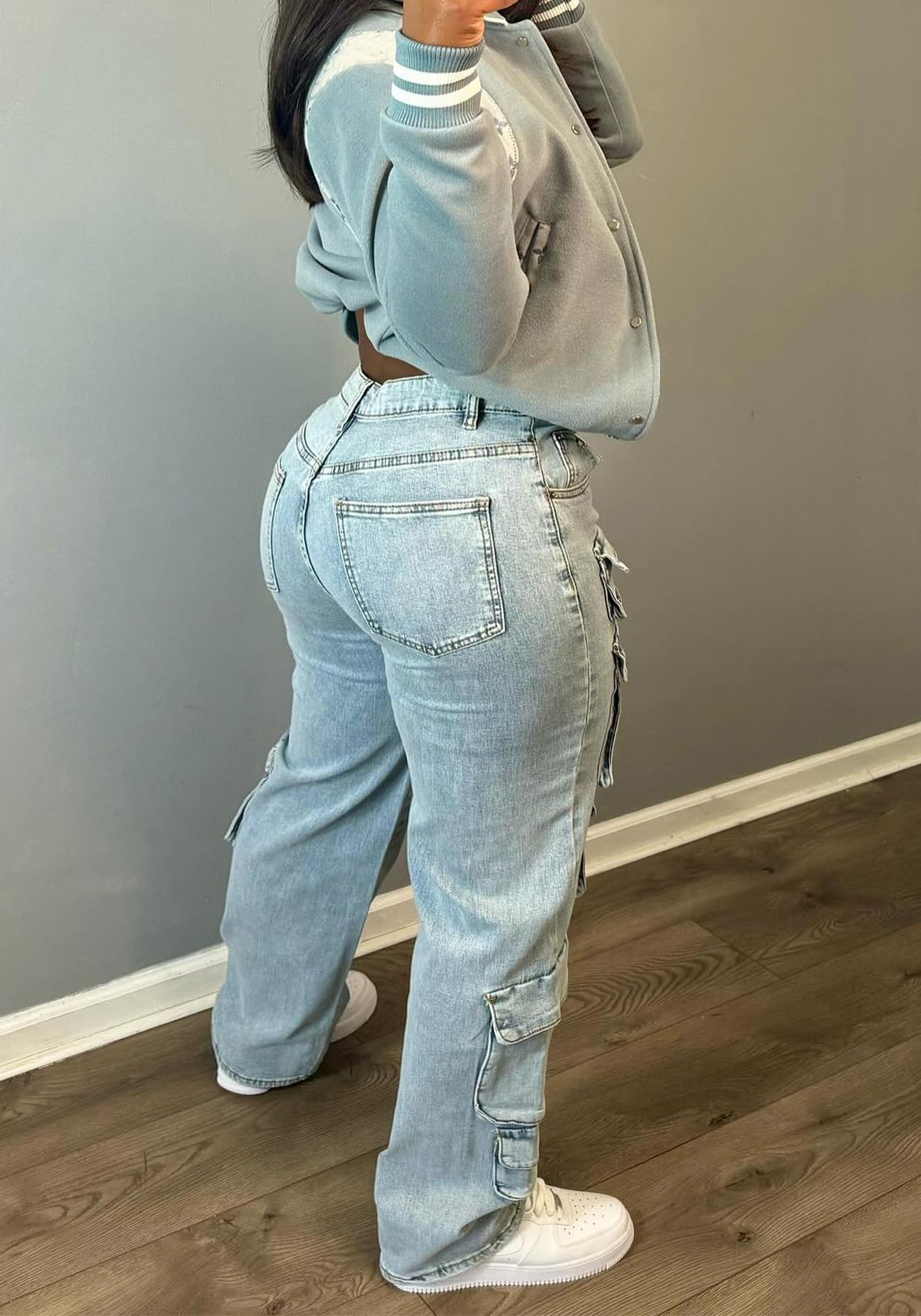 Lucuna Women's Cargo Pants Y2K High Waist Baggy Jeans Flap Pocket Loose Denim Pants Streetwear