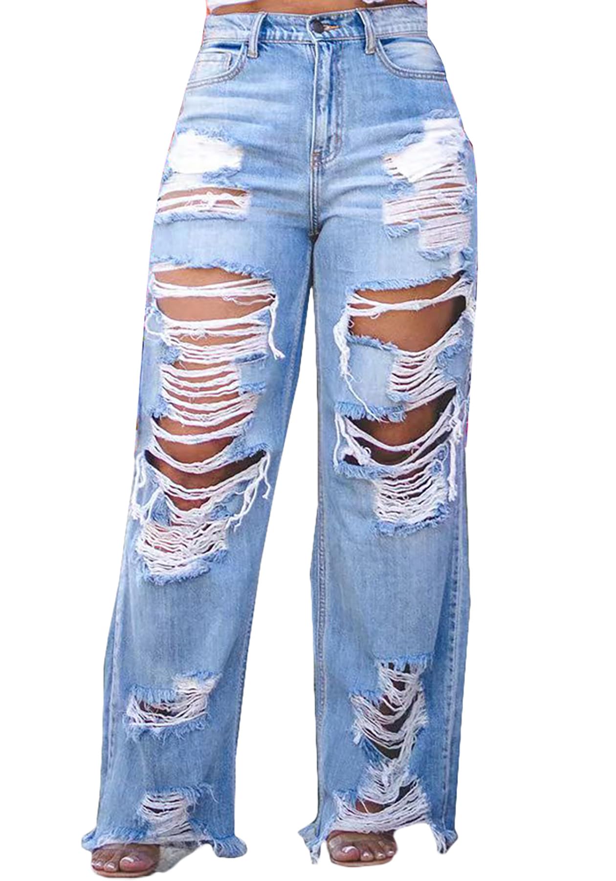 SHINFY Women's Ripped Jeans Distressed Cutout High Waisted Baggy Straight Wide Leg Y2K Denim Pants Light Blue