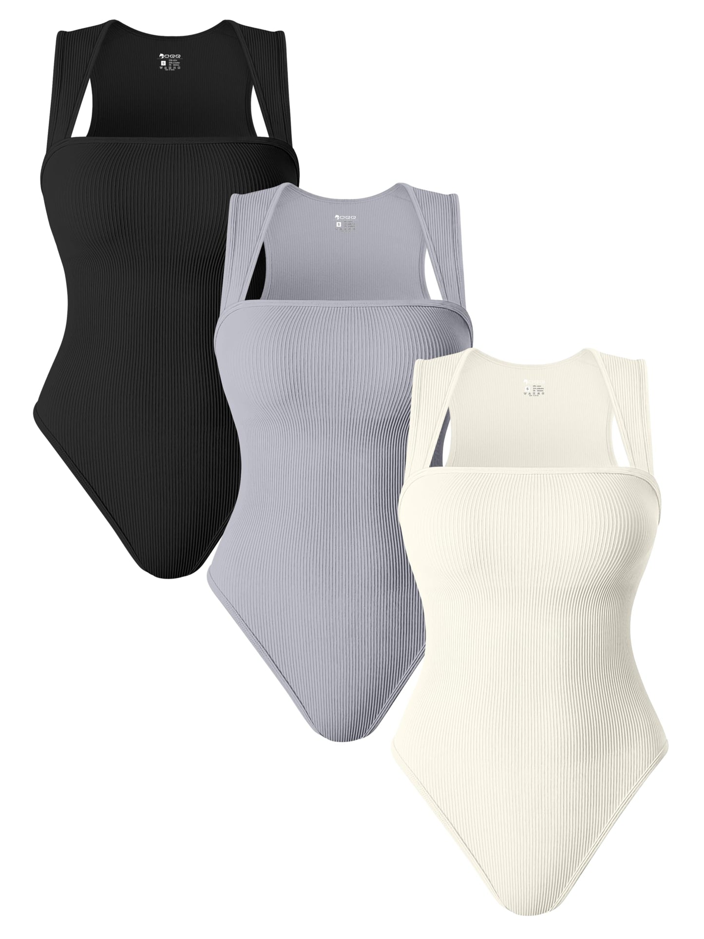 OQQ 3 Piece Bodysuits For Women Sexy Ribbed Strappy Square Neck Stretch Tank Tops Bodysuits Black Coffee White