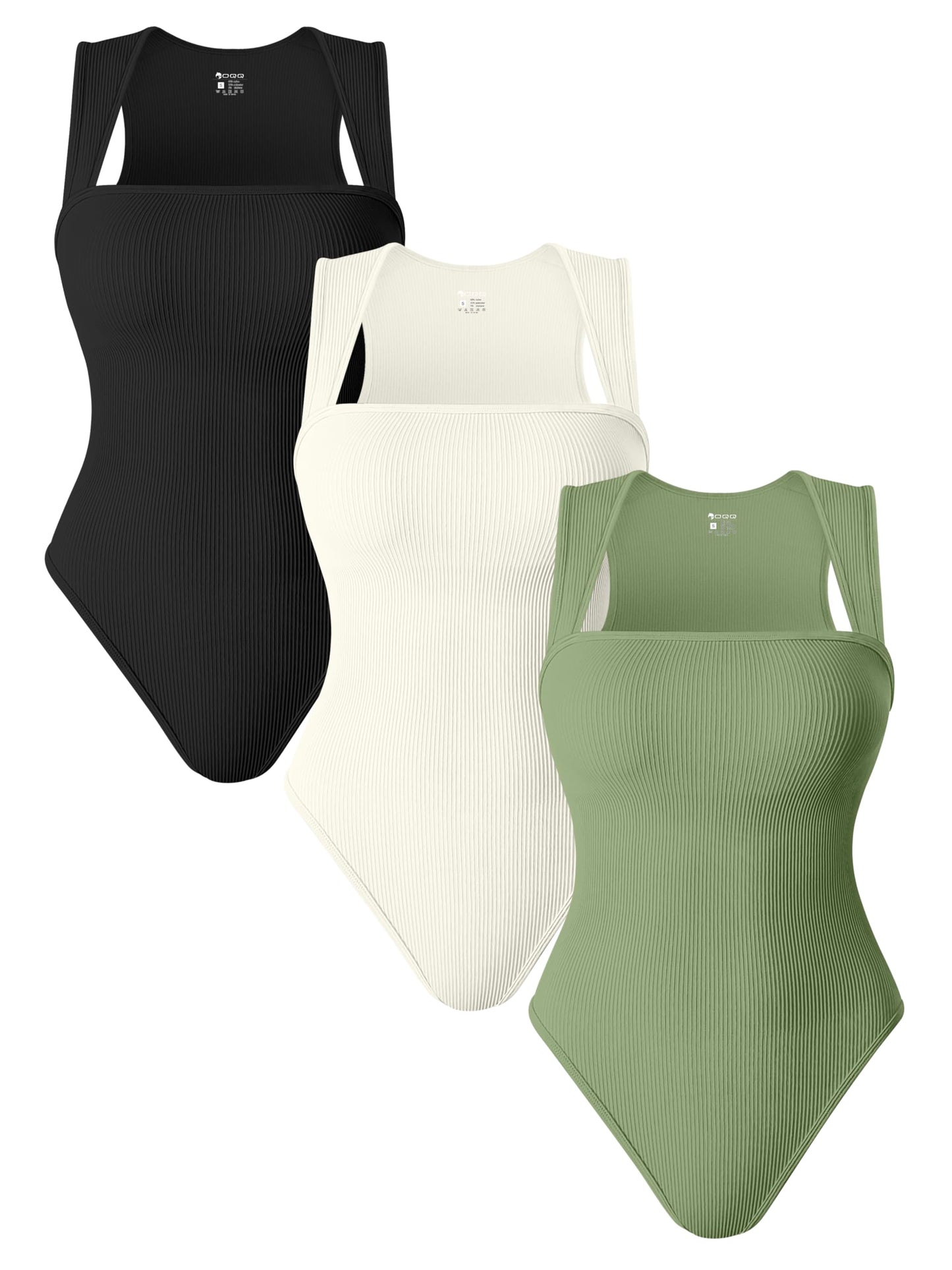 OQQ 3 Piece Bodysuits For Women Sexy Ribbed Strappy Square Neck Stretch Tank Tops Bodysuits Black Coffee White