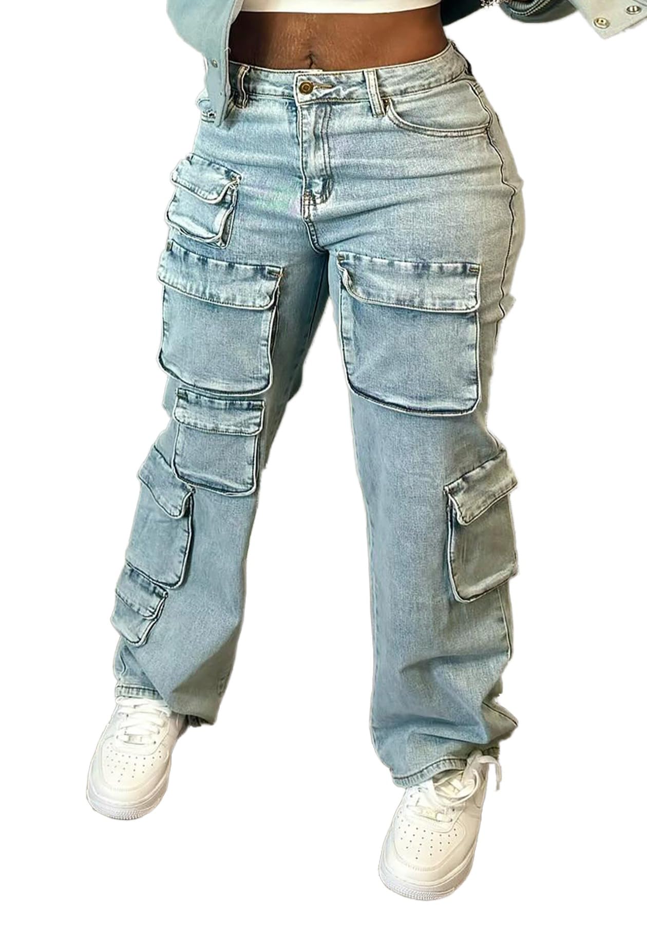 Lucuna Women's Cargo Pants Y2K High Waist Baggy Jeans Flap Pocket Loose Denim Pants Streetwear