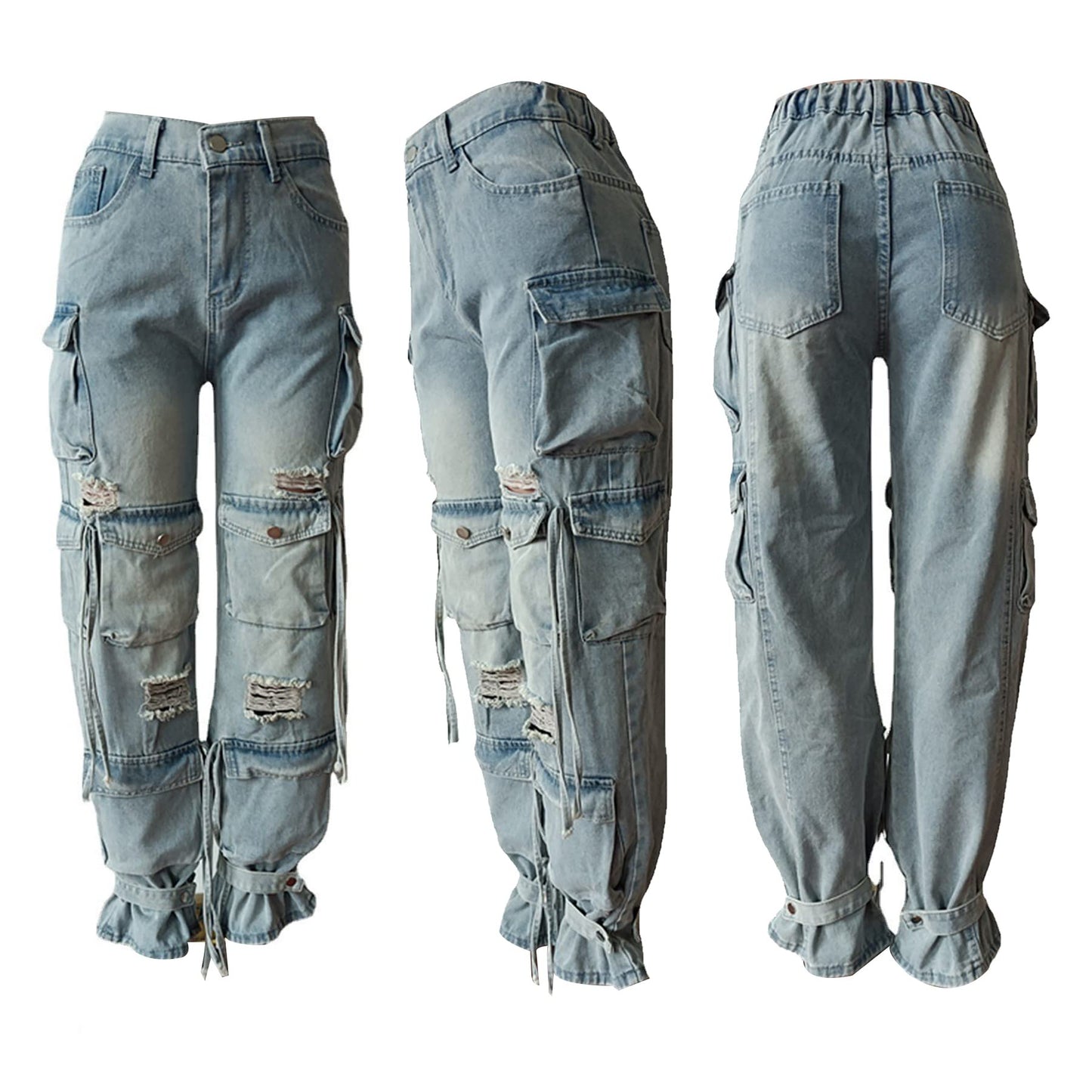 Lucuna Women's Cargo Pants Y2K High Waist Baggy Jeans Flap Pocket Loose Denim Pants Streetwear