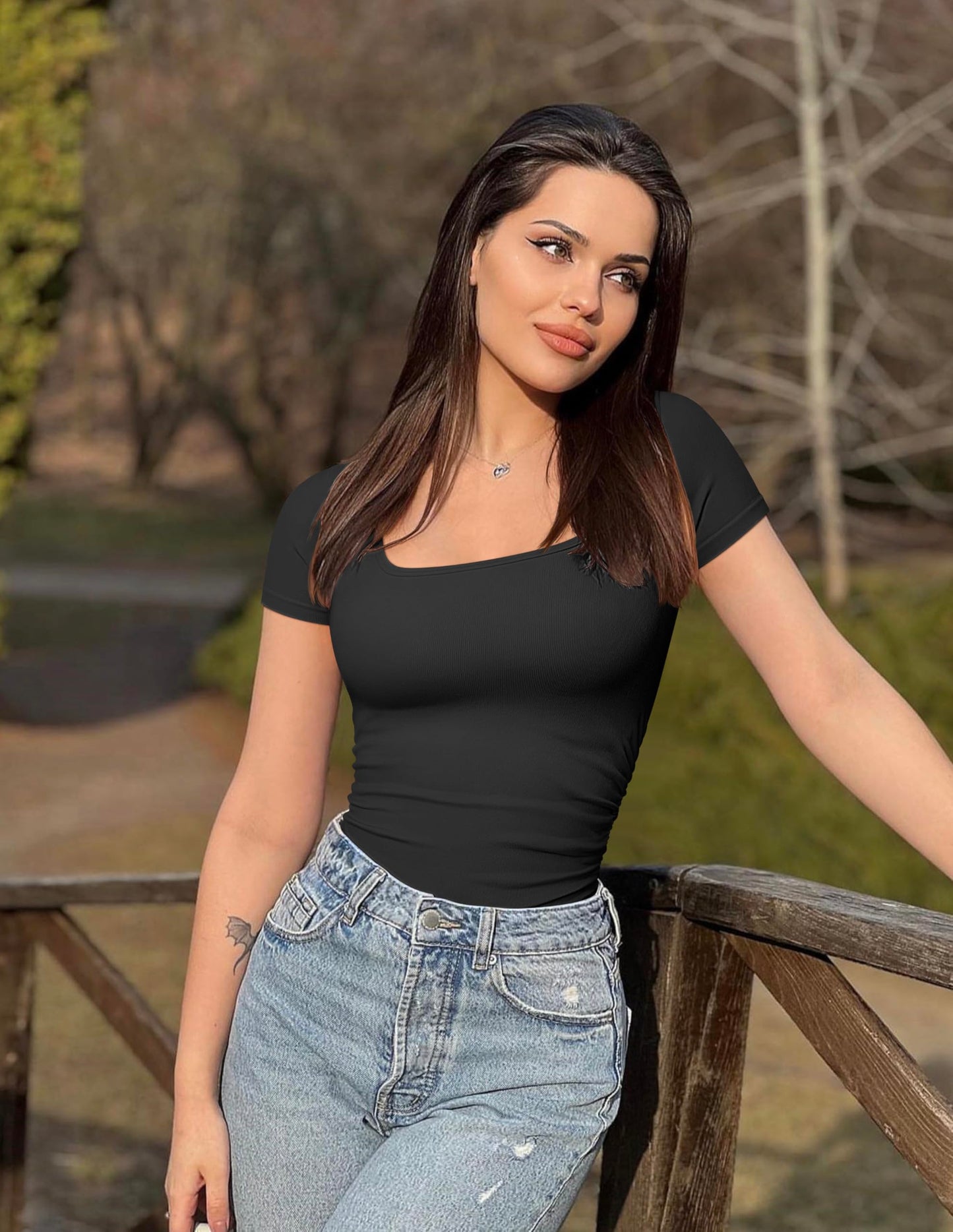 OQQ Women 2 Piece Bodysuits Sexy Ribbed Rueched Stretch Short Sleeve Square Neck Basic Shirts Bodysuits Black Tea leaf