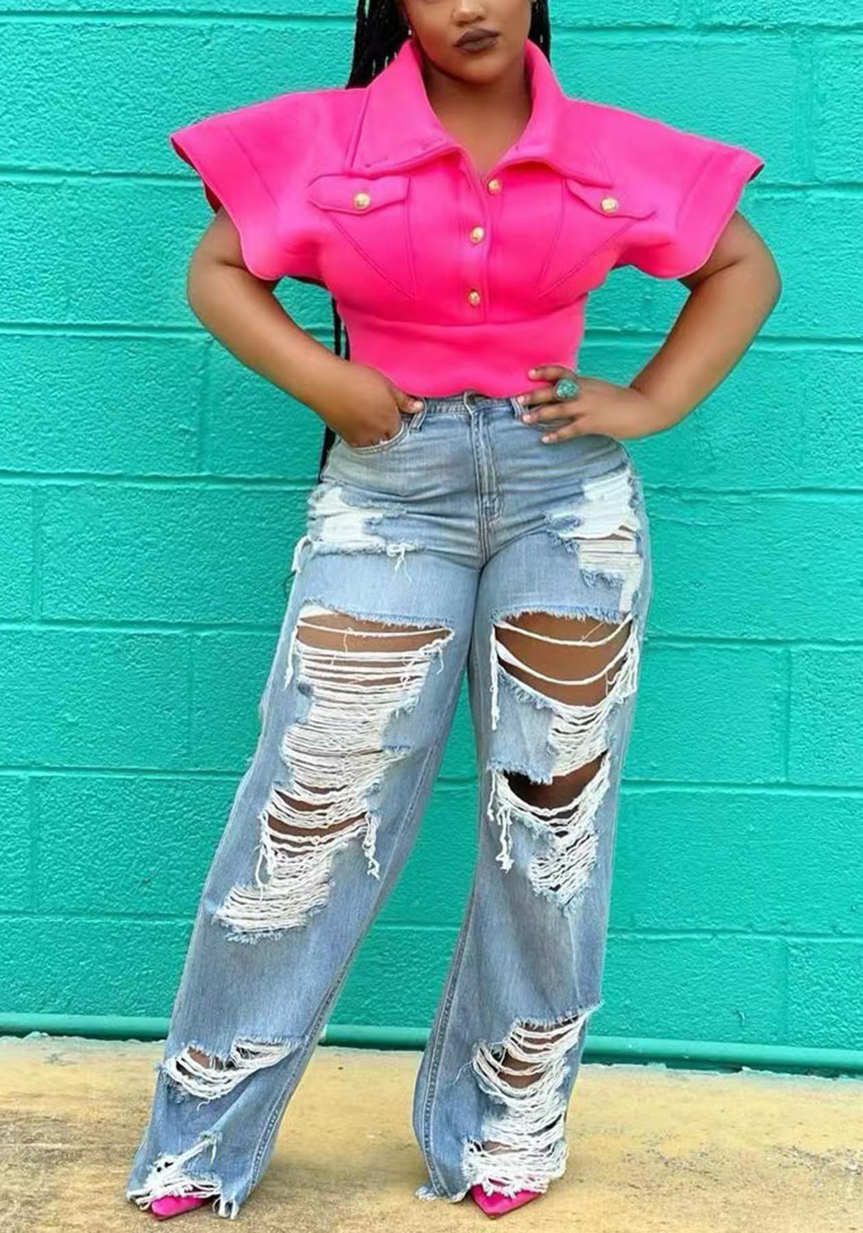 SHINFY Women's Ripped Jeans Distressed Cutout High Waisted Baggy Straight Wide Leg Y2K Denim Pants Light Blue