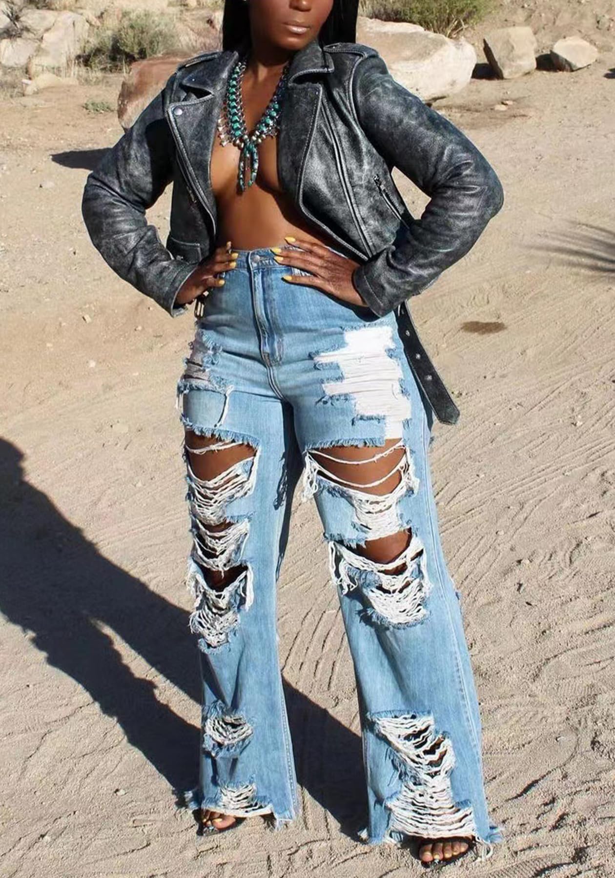 SHINFY Women's Ripped Jeans Distressed Cutout High Waisted Baggy Straight Wide Leg Y2K Denim Pants Light Blue