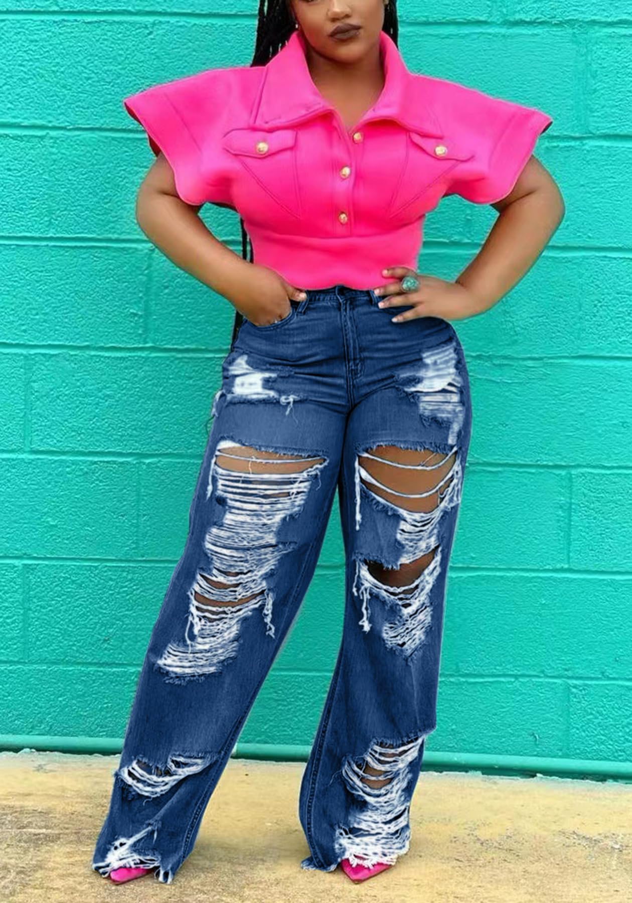 SHINFY Women's Ripped Jeans Distressed Cutout High Waisted Baggy Straight Wide Leg Y2K Denim Pants Light Blue