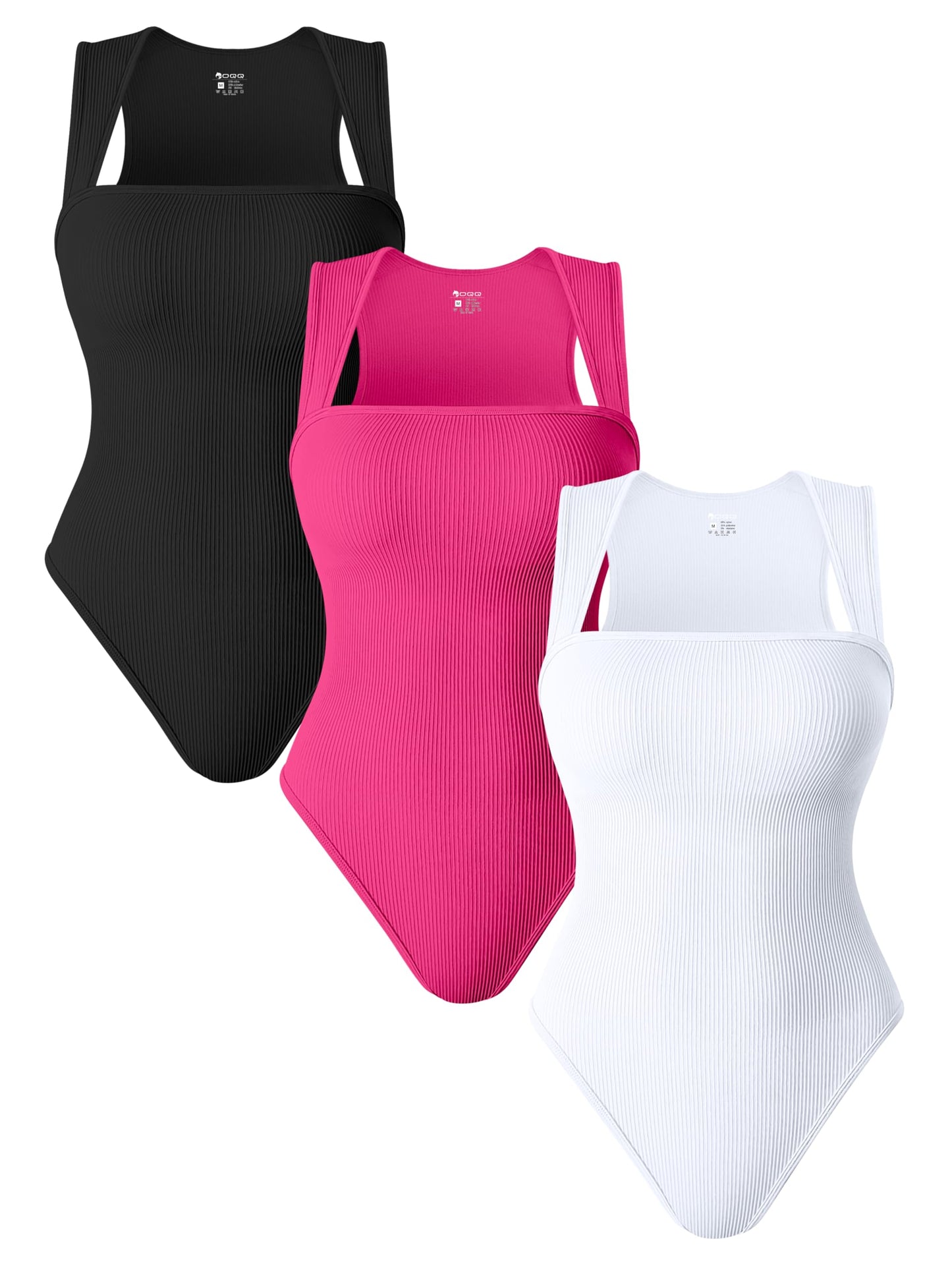 OQQ 3 Piece Bodysuits For Women Sexy Ribbed Strappy Square Neck Stretch Tank Tops Bodysuits Black Coffee White