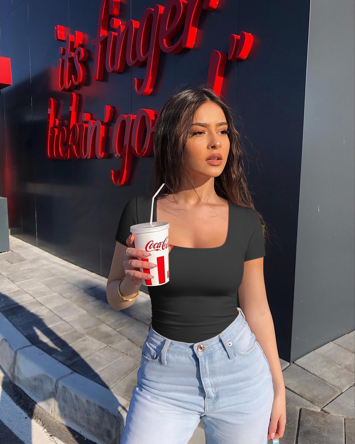 OQQ Women 2 Piece Bodysuits Sexy Ribbed Rueched Stretch Short Sleeve Square Neck Basic Shirts Bodysuits Black Tea leaf