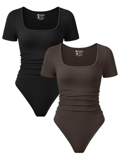 OQQ Women 2 Piece Bodysuits Sexy Ribbed Rueched Stretch Short Sleeve Square Neck Basic Shirts Bodysuits Black Tea leaf