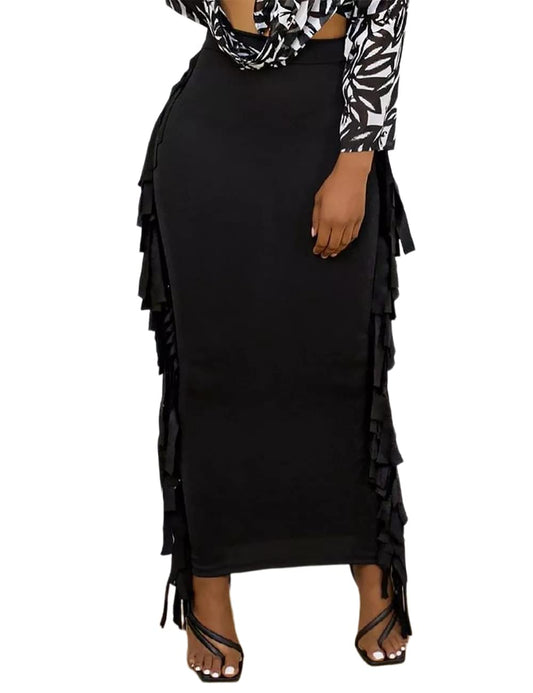 Lrady Women Fringe High Waist Bodycon Side Tassels Pencil Maxi Skirt Casual Party Club Long Skirts Black XXL