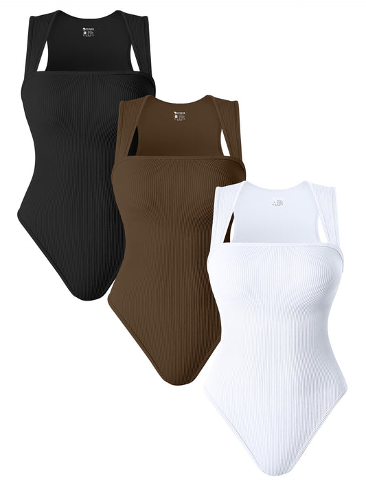 OQQ 3 Piece Bodysuits For Women Sexy Ribbed Strappy Square Neck Stretch Tank Tops Bodysuits Black Coffee White