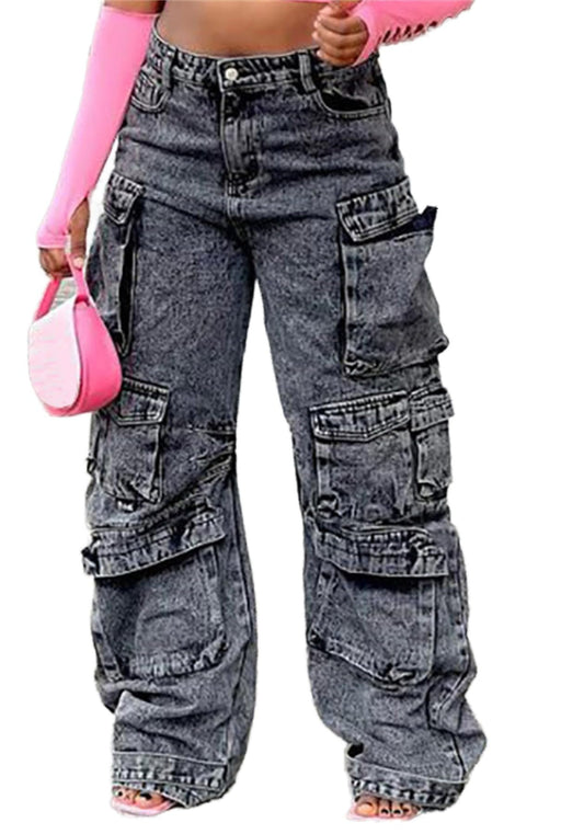 Lucuna Women's Cargo Pants Y2K High Waist Baggy Jeans Flap Pocket Loose Denim Pants Streetwear